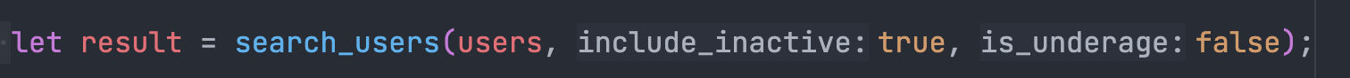 A function call for search_users where the parameter names are added by the
editor before the actual
arguments