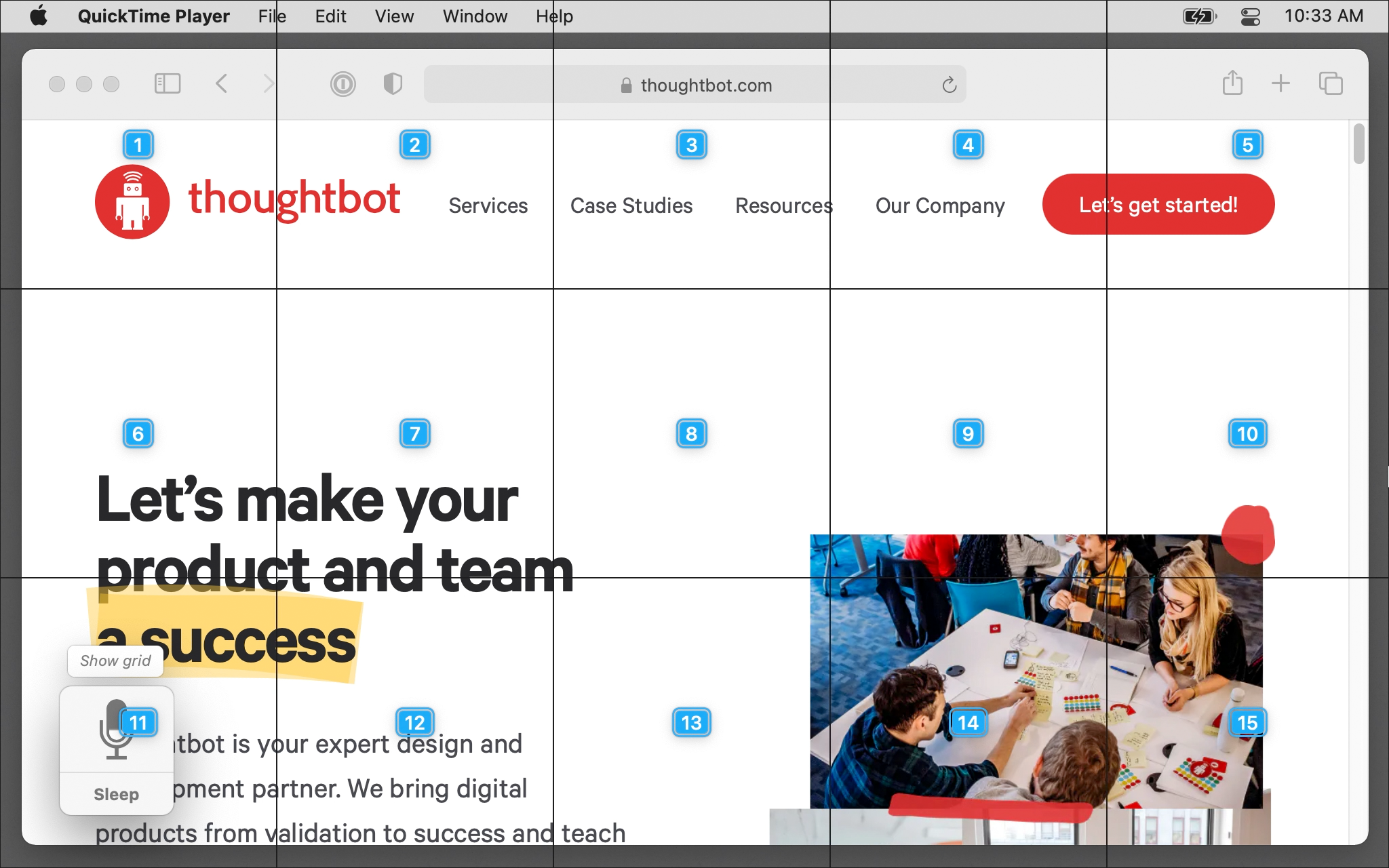 macOS's desktop with a large Safari window open displaying the thoughtbot homepage. A grid overlaps the entire screen with numbers sequentially ordering each cell. Screenshot.