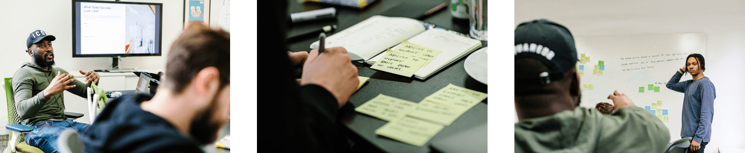 the team conversing and and a close up shot showing someone 
writing on post-it notes