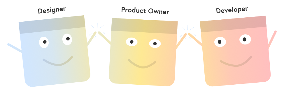 Illustration of a designer, product owner, and developer high fiving